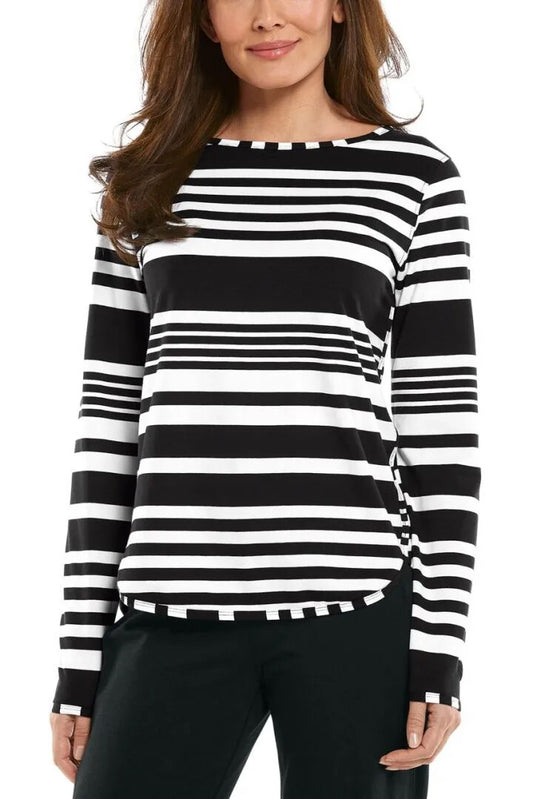 Coolibar - UV Side Split Shirt voor dames - Lange mouw - Heyday - Gestreept - Zwart/Wit