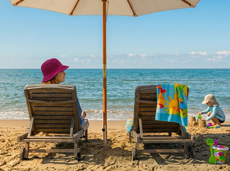 In de zon zitten op het strand. Goed bescherme met UPF50+ beschermen zonnehoed en zonnepet.PF50+ bescherming