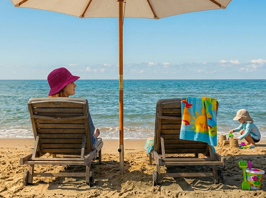 In de zon zitten op het strand. Goed bescherme met UPF50+ beschermen zonnehoed en zonnepet.PF50+ bescherming