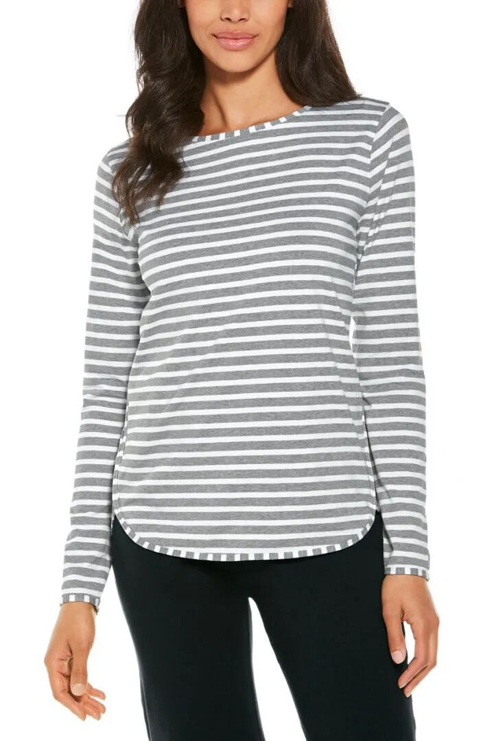 Coolibar - UV Side Split Shirt voor dames - Lange mouw - Heyday - Gestreept - Grijs/Wit